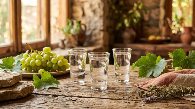 traditional spirits or grappa served in shot glasses with green grapes and vine leaves