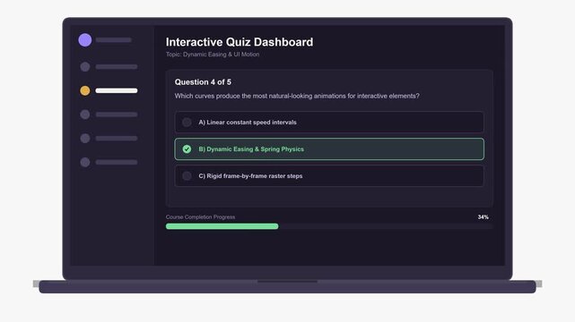 Interactive quiz dashboard UI animation showing a user selecting correct answers and winning a trophy with celebration effects on a laptop screen