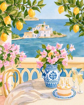 Watercolor lemon terrace with flowers and seaside island villa