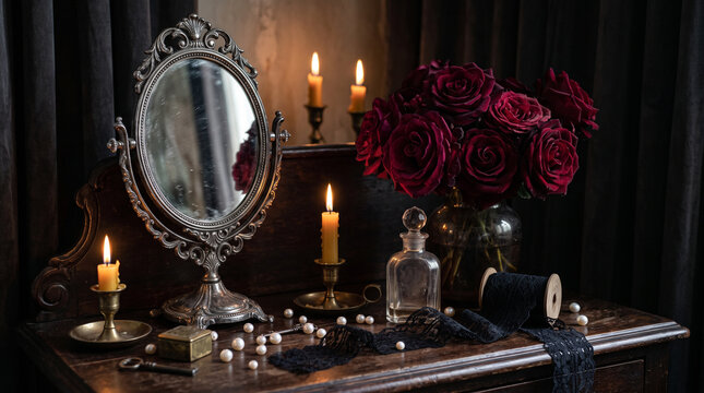 vintage vanity table with antique mirror dark red roses and burning candles