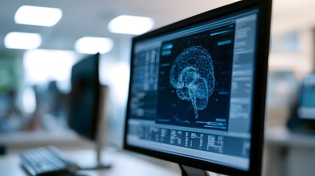 Digital brain model displayed on a computer monitor in a modern office workspace with ambient lighting