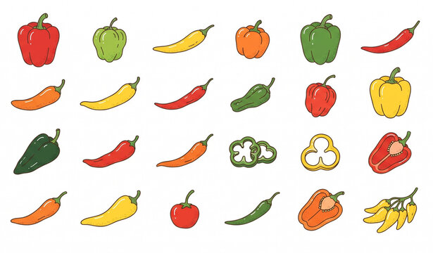 Colorful Pepper Collection Flat Doodle Vector Illustration