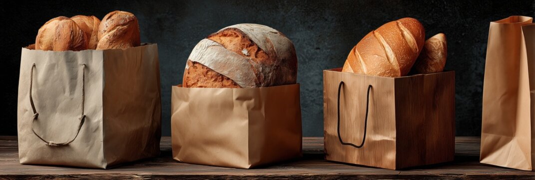 A variety of bread in paper bags on a wooden shelf.