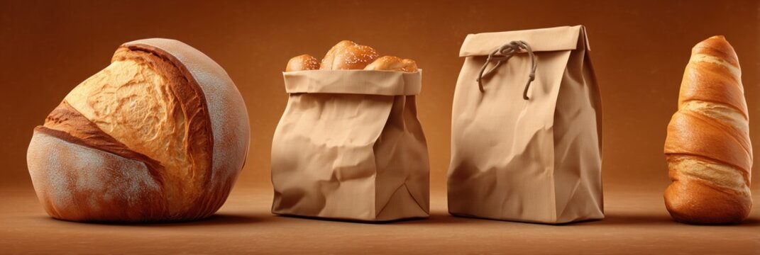 A variety of bread in paper bags on a wooden shelf.