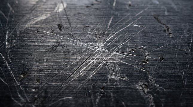 Close-up of dark anodized aluminum with realistic scratched brushed metallic texture for industrial backgrounds and modern design