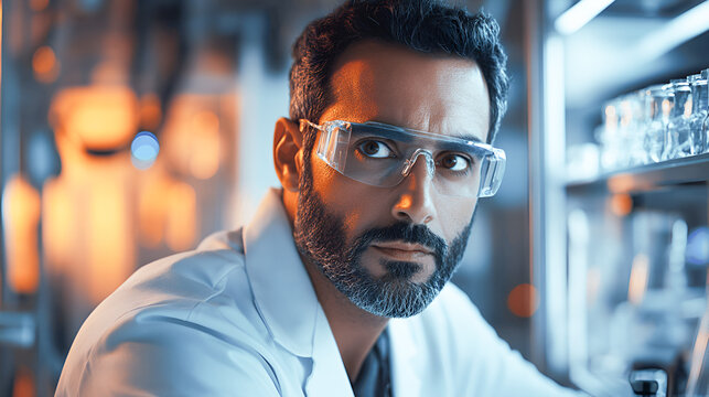 Male scientist in a laboratory wearing protective glasses and a white coat, focused on research with glassware and equipment in the background, showcasing dedication to scientific exploration