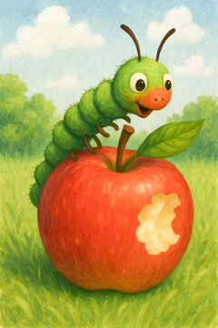 Colorful caterpillar on a bright red apple with a bite taken out in a lush green field