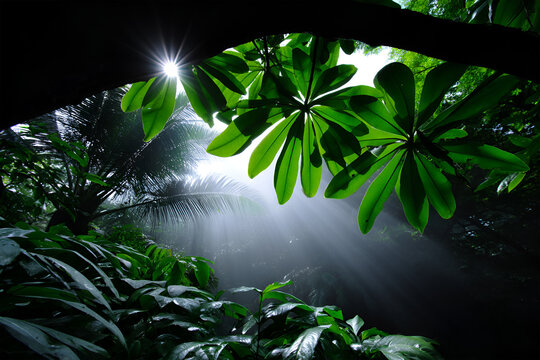 Sun rays breaking through thick green foliage in tropical rainforest