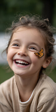 Happy laughing little girl with orange butterfly on her face