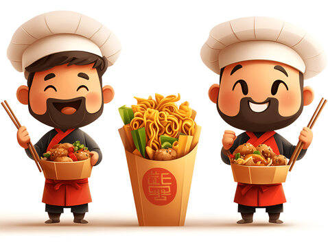 Two cheerful chefs in traditional attire holding bowls of delicious food, with a large container of noodles in the center, showcasing culinary artistry and vibrant flavors