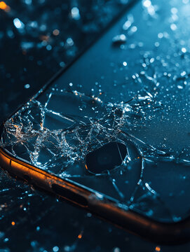 Smartphone with cracked screen lying on a dark surface, surrounded by shattered glass pieces, showcasing the impact damage and the fragility of modern technology