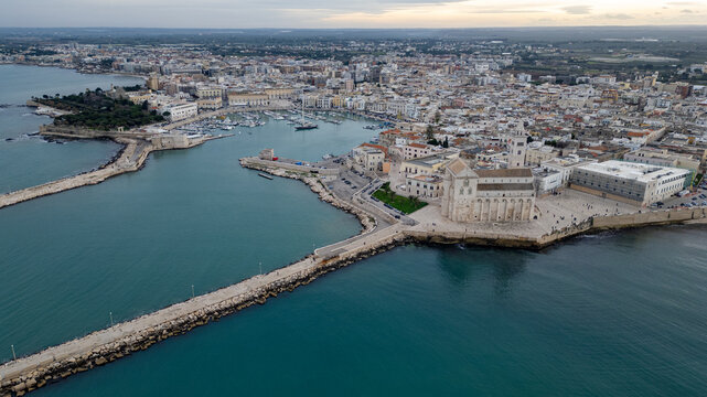 Aerial view of Trani shows the famous seaside cathedral In Italy