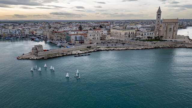 Aerial view of Trani shows the famous seaside cathedral In Italy