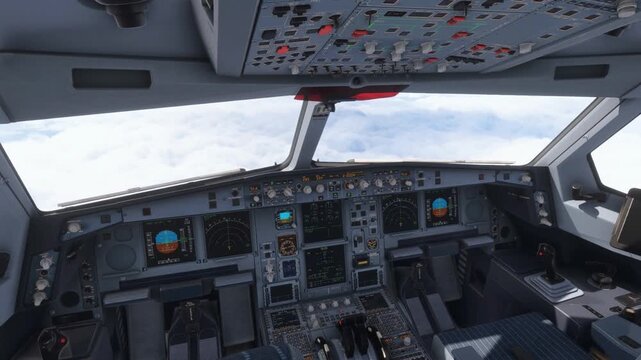 Cockpit view from an airplane flying through clouds at high altitude.