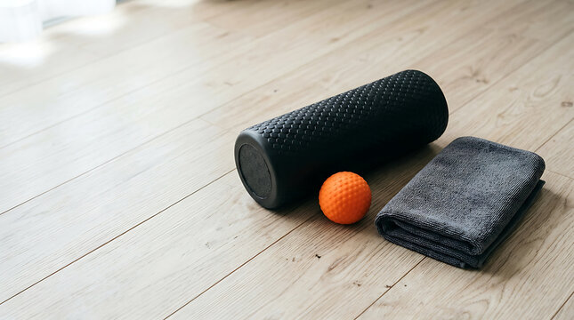 Black foam roller with orange massage ball and towel on a wooden floor