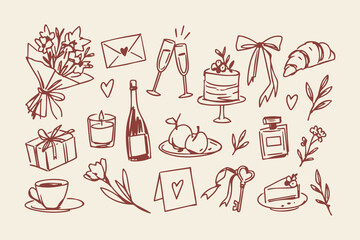 Naklejka na ściany i meble Romantic Dinner and Celebration Hand Drawn Doodle Set