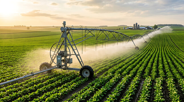 Modern Irrigation System Watering Agricultural Field.