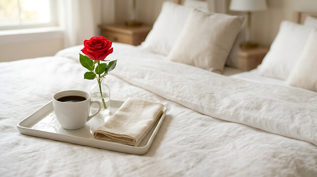 Valentines Day breakfast tray with red rose and coffee on a white bed