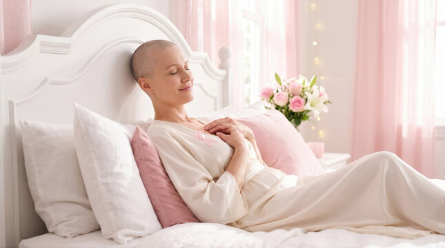 Peaceful Caucasian adult woman with shaved head resting in white bed with pink ribbon, concept of cancer patient comfort and rest