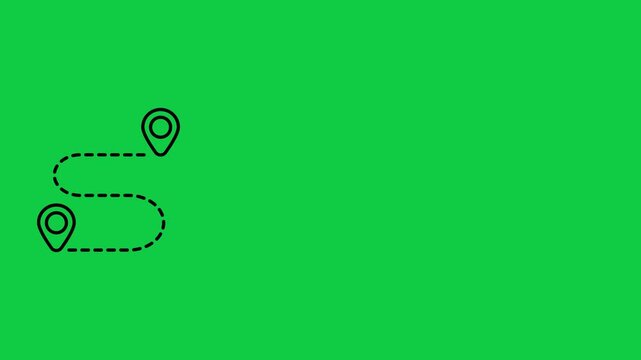 Animated map pin route with a dashed path connecting two locations on a green screen for travel navigation and destination concepts.