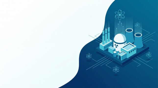 Nuclear Power Plant Facility with Atomic Energy Symbols and Structures