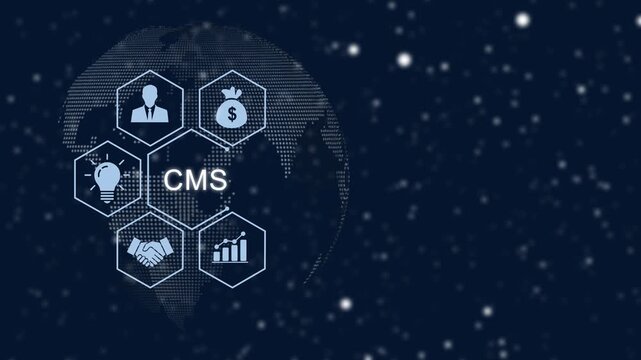 Digital cms management system concept with animated global network business growth strategy, financial data analytics, and innovation symbols on a dark blue tech background, for corporate use