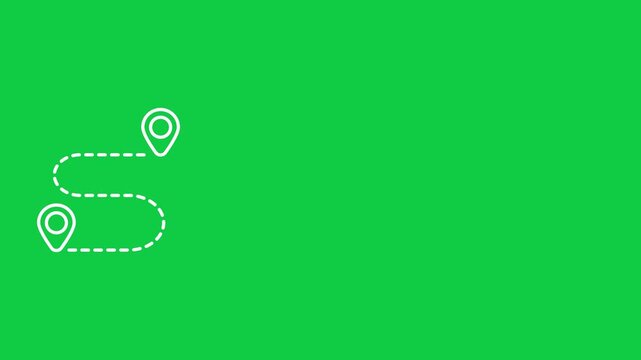 Animated white route map line with pin icons on green screen background for travel navigation and logistics planning.