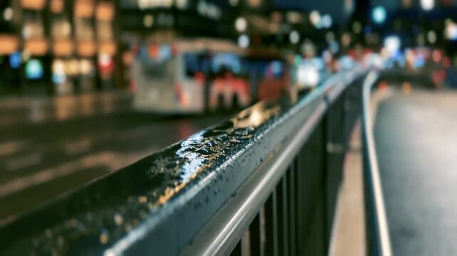 Helsinki Hakaniemi Rain Wet Bridge Railing With Night Traffic Bokeh Behind