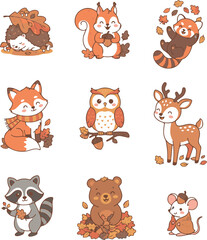 Obraz premium Cute autumn animals sticker pack vector sheet. Cartoon forest squirrel, fox, and hedgehog with fall leaves isolated on white background.