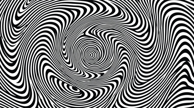 Black and white optical illusion vector background featuring hypnotic swirling stripes and psychedelic vortex design   
