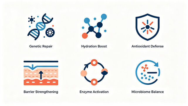 The research icon for contrasting flat skin represents the concepts of genetic repair and micro ecological conditioning, suitable for anti-aging skincare products and professional skincare promotion.
