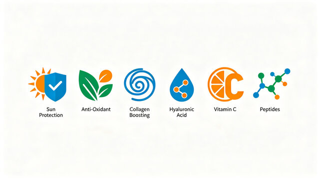 Colorful flat skincare ingredient icon group, representing the concepts of antioxidant repair and active skincare, suitable for beauty advertising and product ingredient introduction modules.
