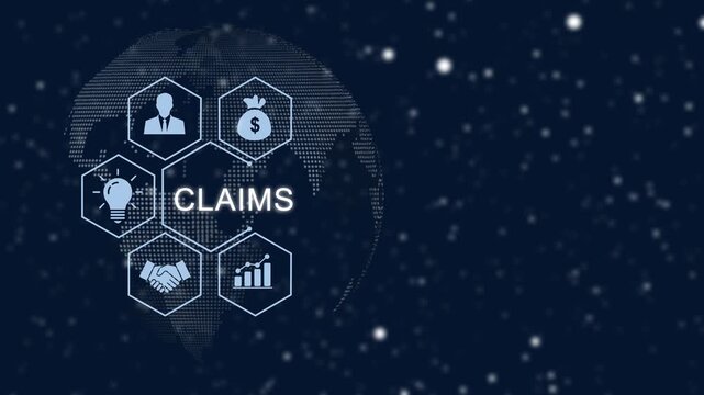 Digital insurance claims processing concept featuring animated global network with financial and data analytics symbols for corporate business presentations and risk management media