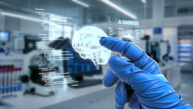 Doctor in Sterile Glove Interacting with Holographic Digital Brain Interface for AI Medical Diagnosis in Laboratory