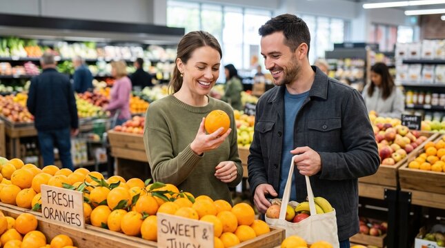 Couple choosing fresh oranges at a grocery store display