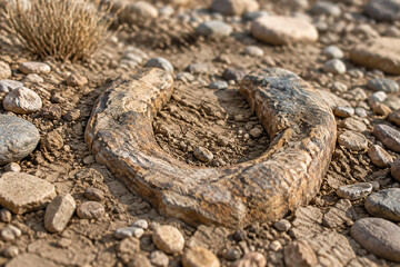 Fototapeta premium Horseshoe-shaped rock formation embedded in a dry riverbed of soil.