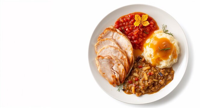 Traditional Thanksgiving dinner served on white background showcasing turkey slices stuffing cranberry sauce mashed potatoes and gravy arranged with festive garnish with copy space on the left