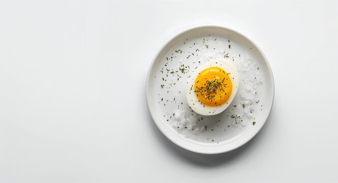 Soft boiled egg with perfectly runny center plated on white background accented by salt flakes and herbs for gourmet breakfast styling with copy space on the left