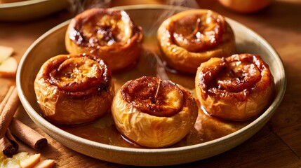 Fototapeta premium Baked apples with cinnamon and caramel sauce in a rustic ceramic bowl on a wooden table