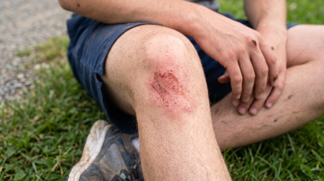 Close view of scraped knee on seated person outdoors with grass, gravel, and shoe visible