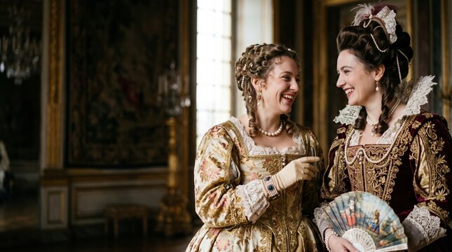 Two women in ornate Baroque style gowns laugh together in a grand interior with pearl jewelry and a decorative fan