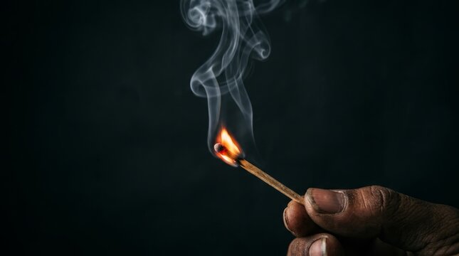 Close-up of a lit matchstick with visible flame and smoke.