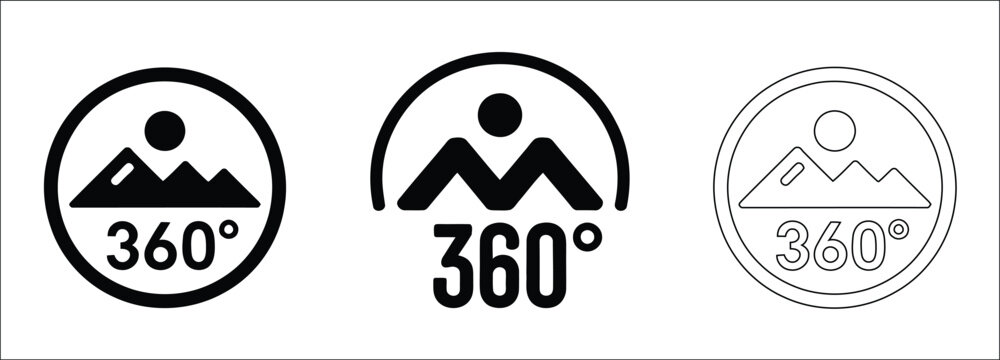 360 degree panorama view icon set, mountain landscape symbol with full rotation circle, virtual reality image viewing angle graphic, black line and silhouette vector for camera app interface.