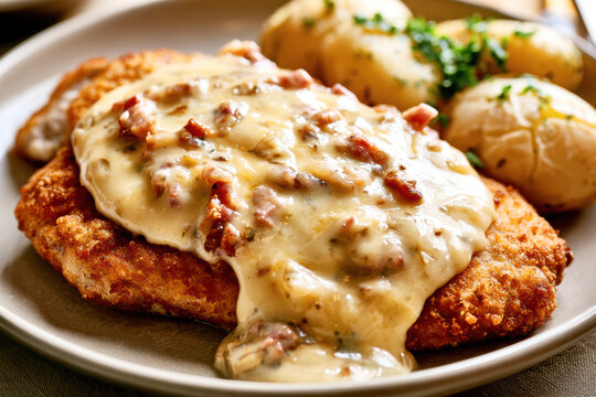 German Schnitzel with Creamy Bacon Sauce and Potatoes
