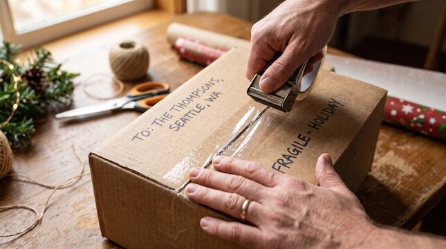 Hands sealing a cardboard gift box with a tape dispenser
