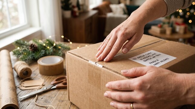 Hands sealing a holiday parcel with tape on a wooden table