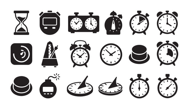 Time Management Icons: Hourglass, Stopwatch, Alarm Clocks, Sundials, Metronome, Bomb Timer, Vector Set for Business and Productivity
