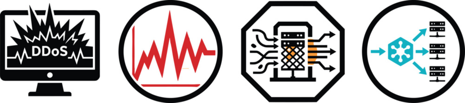 Set of four cybersecurity and network icons representing ddos attack, traffic monitoring, server processing, and load balancing