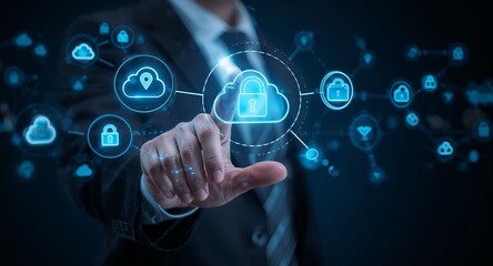 Obraz premium A professional hand managing a holographic interface showcasing cloud storage and security lock symbols, Engaging composition ensuring adequate negative space for future text elements