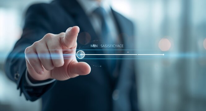 A hand adjusting a holographic slider labeled from Min to Max satisfaction against a softly blurred background provides ample copy space for descriptive text